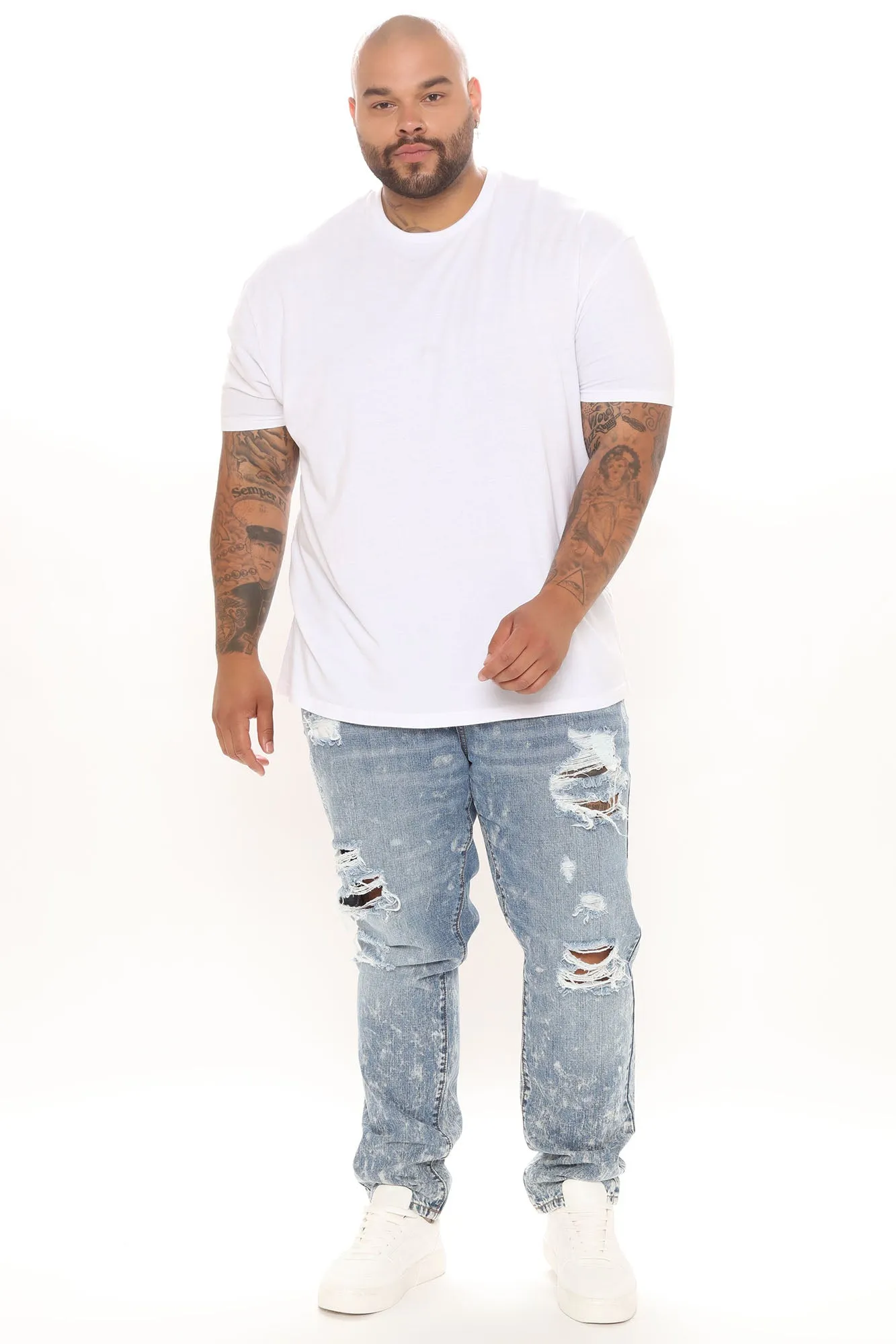 Acid Wash Vintage Ripped Slim Jeans - Medium Wash