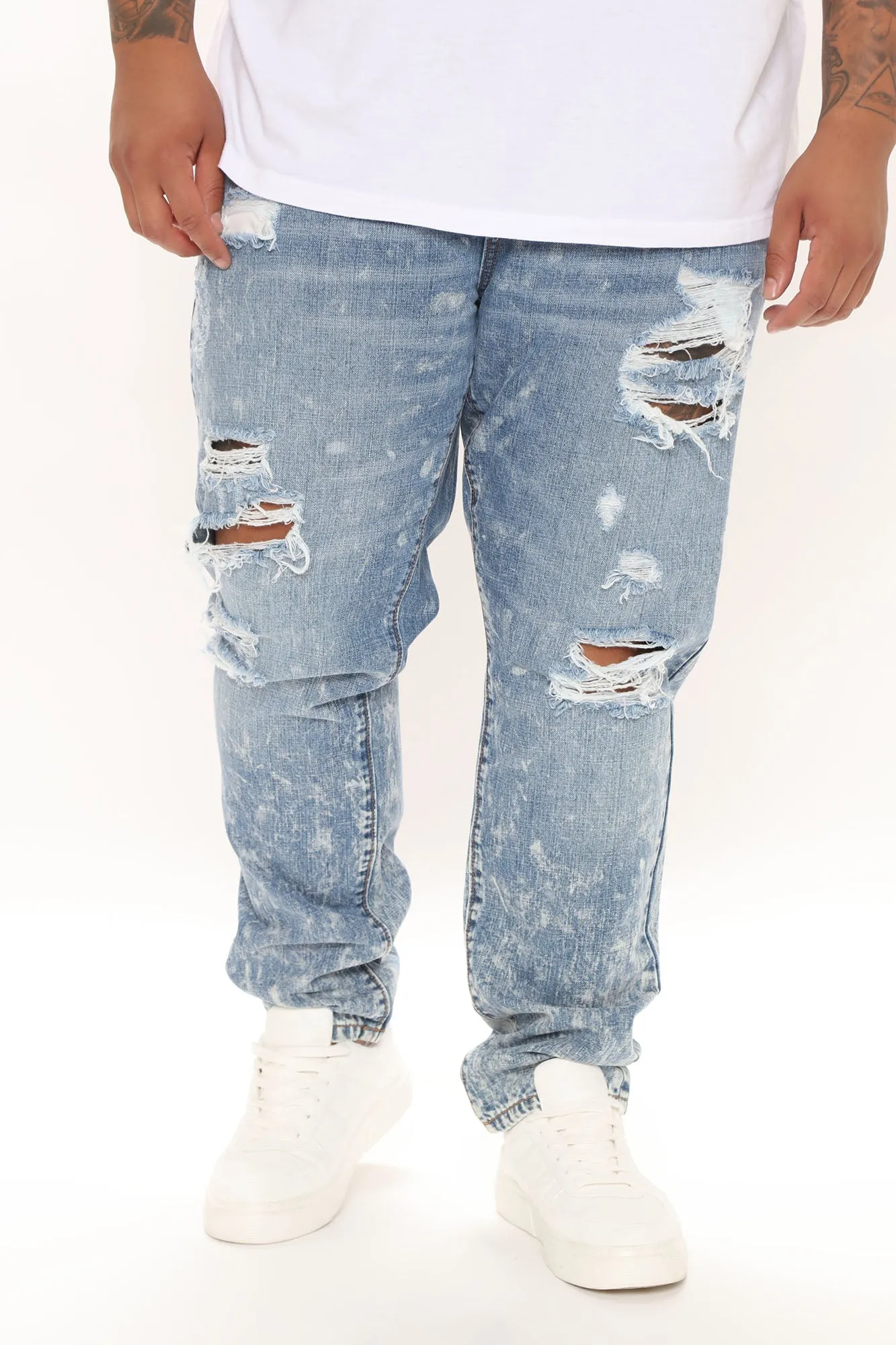 Acid Wash Vintage Ripped Slim Jeans - Medium Wash