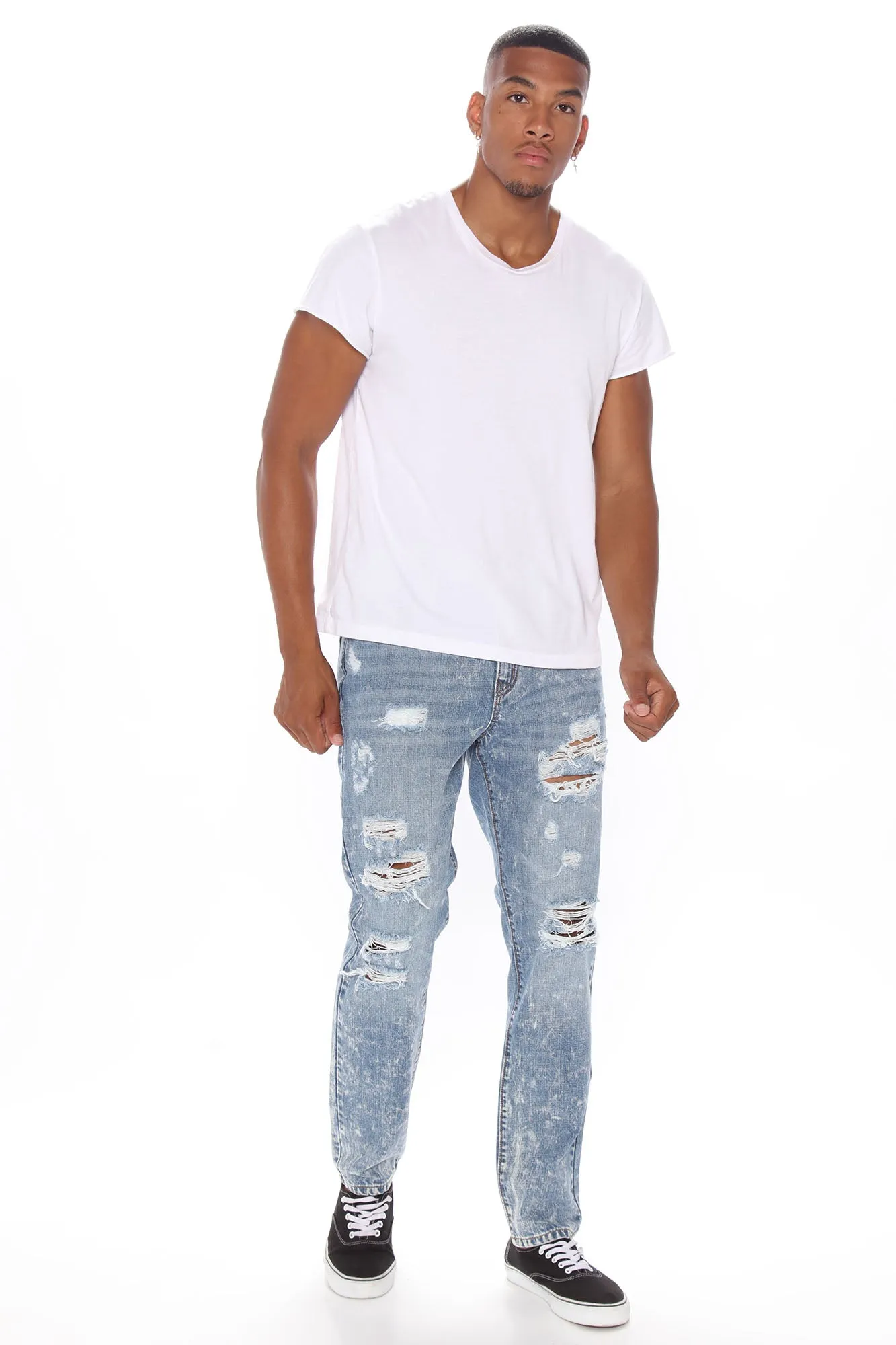 Acid Wash Vintage Ripped Slim Jeans - Medium Wash