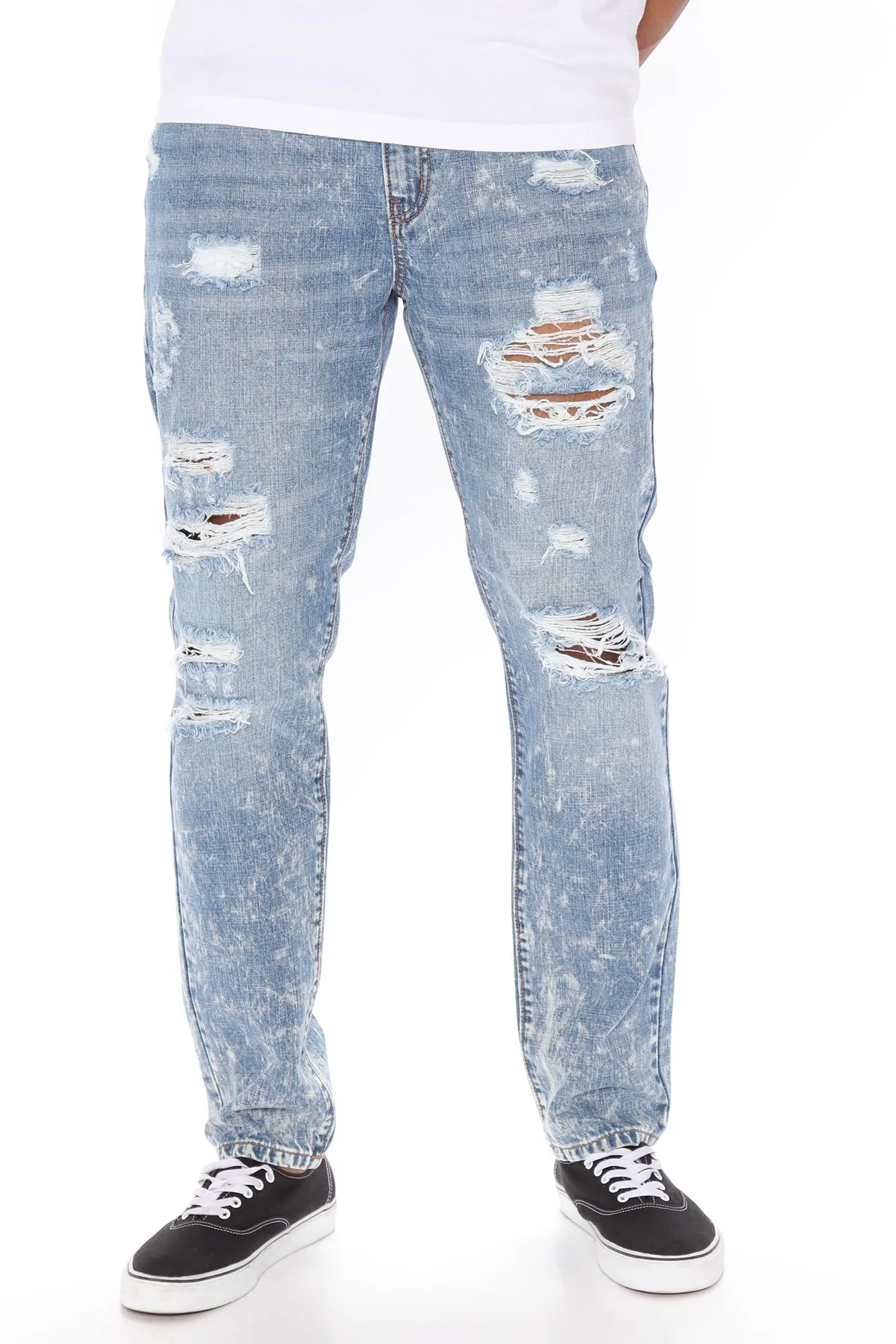 Acid Wash Vintage Ripped Slim Jeans - Medium Wash