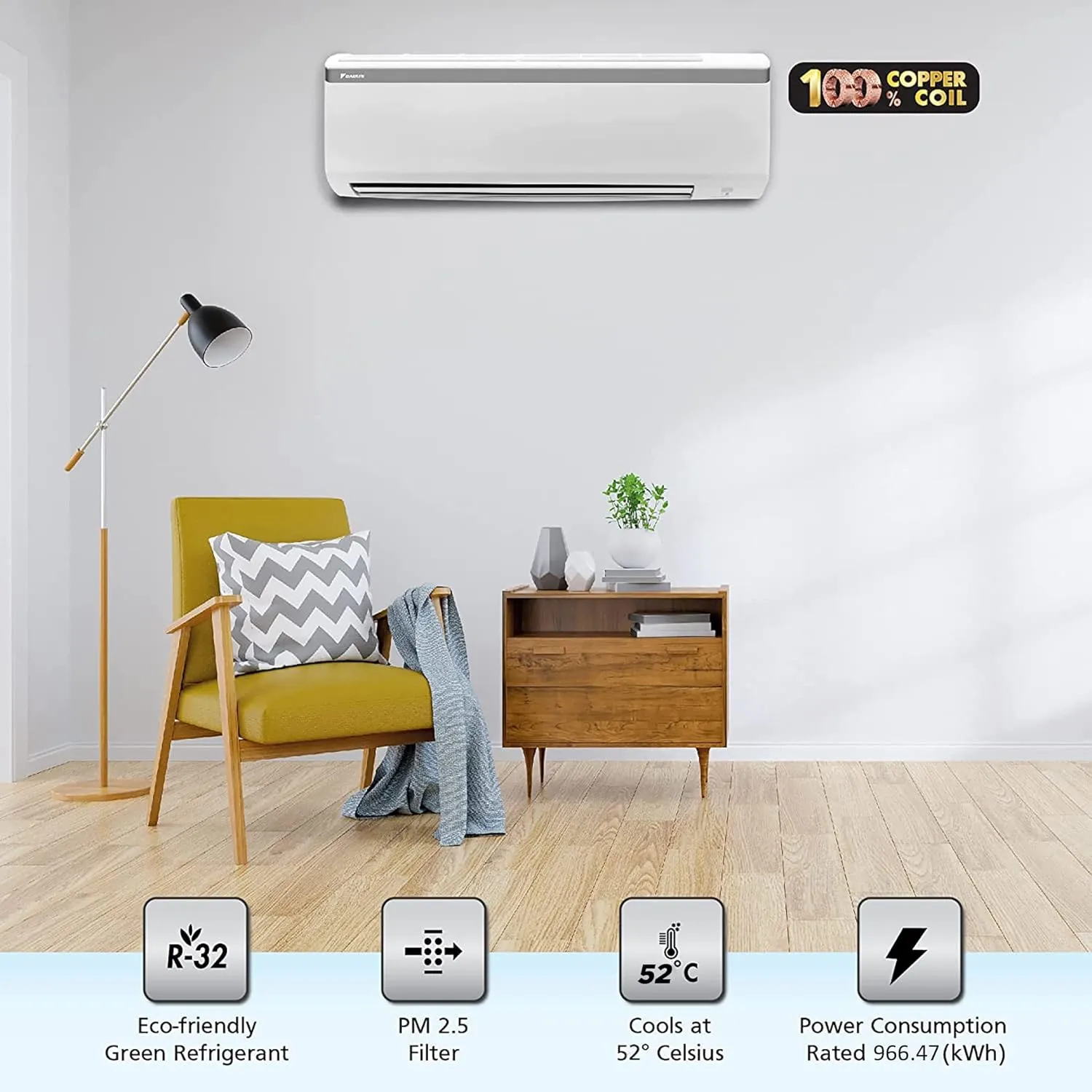 Daikin ATKM50UV16VA 1.5 Ton 5 Star Inverter Split AC  Copper Condenser, Dew Clean, Coanda Airflow & PM2.5 Filter (White, Made in India)